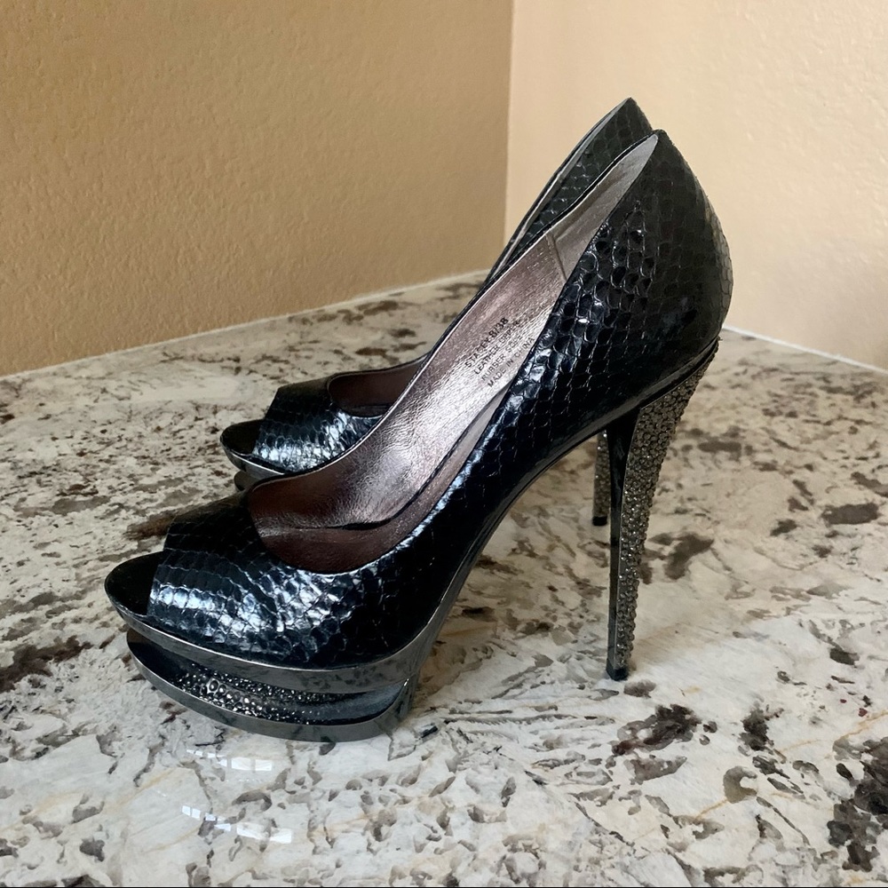 ZigiNY Black Label Stacey Snakeskin Gem encrusted stiletto Peep toe pumps.